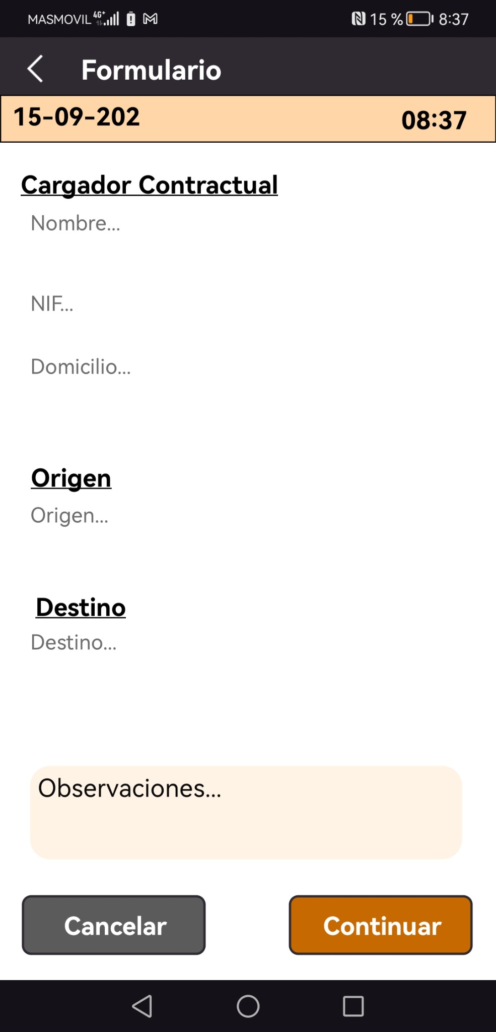 Formulario de origen, destino y cargador contractual